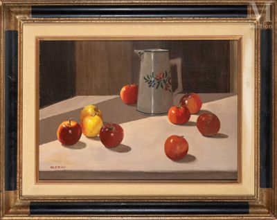 a painting of apples and a pitcher on a table