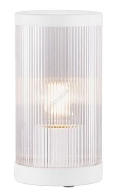 a white table lamp with a clear glass shade