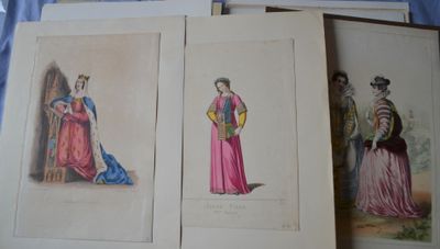 four antique fashion plates of women in pink and blue gowns