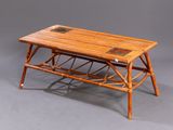 an image of a bamboo table with a wooden top on a grey background