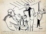 drawing of a man sitting at a table talking to a woman in a hat