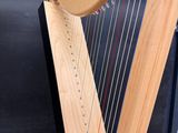 a close up of a harp sitting on top of a wooden stand