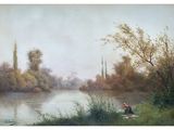 a painting of a man and a woman sitting on the bank of a river