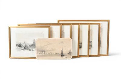 three framed photographs of boats and a boat in the water