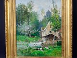 une peinture à l'huile représentant une scène de vie à la ferme avec des vaches dans un champ