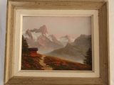 painting of a mountain scene with a red cabin in the foreground