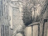 pencil drawing of a narrow alley with a tree in the distance