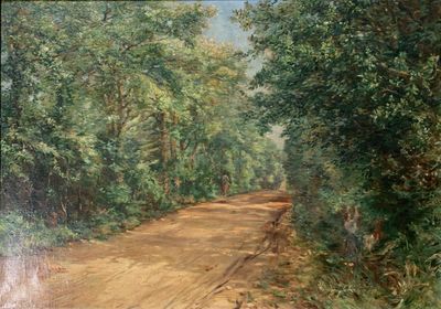 une peinture représentant un chemin de terre bordé d'arbres de chaque côté