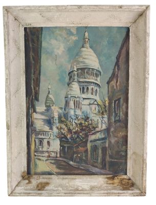 une peinture à l'huile représentant un bâtiment, dans un cadre blanc, sur fond blanc
