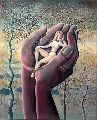 un tableau représentant une femme assise sur la main d'une personne