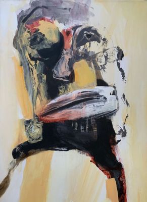 peinture abstraite représentant un homme tenant un frisbee à la main