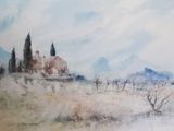 a picture of a painting of a house in the middle of a field