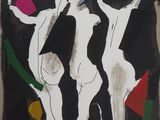 painting of three nudes in a black and white frame with a black background