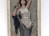 an old painting of a woman holding a branch of a tree