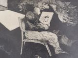 a drawing of a man sitting in a chair reading a book