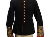 the jacket is black with red trims and gold buttons