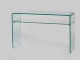 a clear glass console table with a glass shelf on top