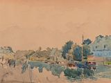 une aquarelle représentant des passants dans la rue
