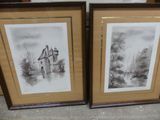 pair of black and white pencil drawings of a castle and a church