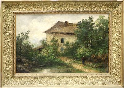 an image of a painting of a house in a wooded area