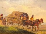 peinture représentant un chariot tiré par des chevaux avec des personnes à bord dans un champ