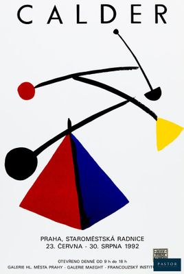a white poster with a red, blue, yellow and red triangle on it