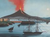 un tableau représentant un bateau sur l'eau, avec un volcan en arrière-plan