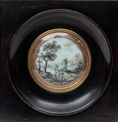 an old picture of a picture of a man and a woman in a landscape