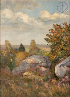 an image of a painting of rocks and trees in a field