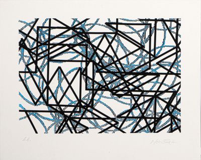une image représentant un dessin noir et bleu sur une feuille blanche