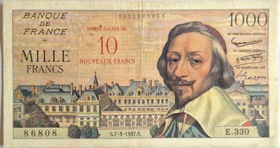 10 NF sur 1000 francs Richelieu 7/3/1957, peu courant, TTB