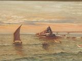 a picture of a painting of boats in the water