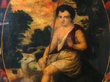 tableau représentant un garçon avec un bâton et un mouton dans un champ