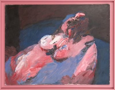 tableau représentant une femme assise sur un canapé, une assiette de nourriture sur les genoux