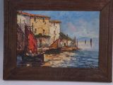 an oil painting of a harbor scene with boats in the water