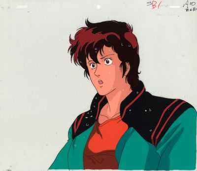 cellule d'animation représentant une femme aux cheveux roux et portant une veste verte