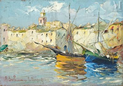 a painting of boats in a harbor with buildings in the background