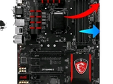 a close up of a motherboard with a red arrow pointing to the mother board