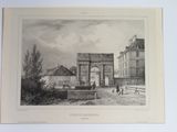 an old picture of a building with a gate and people walking around it