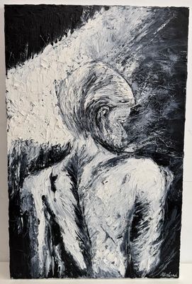 une peinture en noir et blanc représentant une femme assise sur une chaise