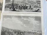 two old black and white pictures of people riding horses on a river