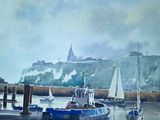 a painting of boats in a harbor with a castle in the background