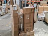 boxes stacked on a pallet in a large warehouse with pallets in the background