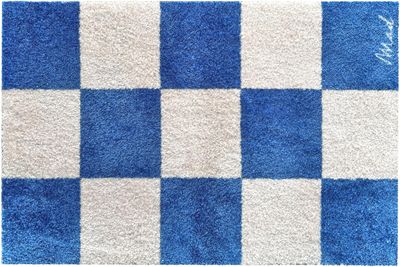 un tapis bleu et blanc à carreaux