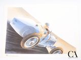 une photo d'un tableau représentant un homme au volant d'une voiture de course