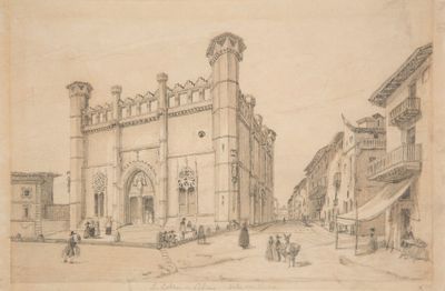 drawing of an old building with a clock tower in the middle of it