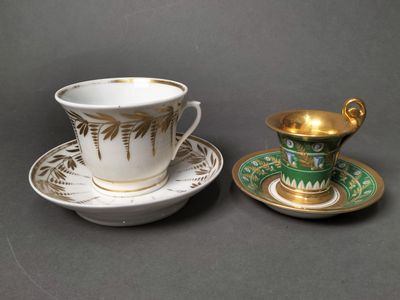 two cups and saucers are sitting on a table