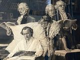 painting of a group of people reading a book in a library