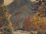an oil painting of a mountain scene with trees and a river