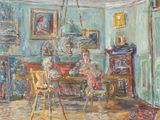 painting of a painting of a family in a dining room with a chandelier